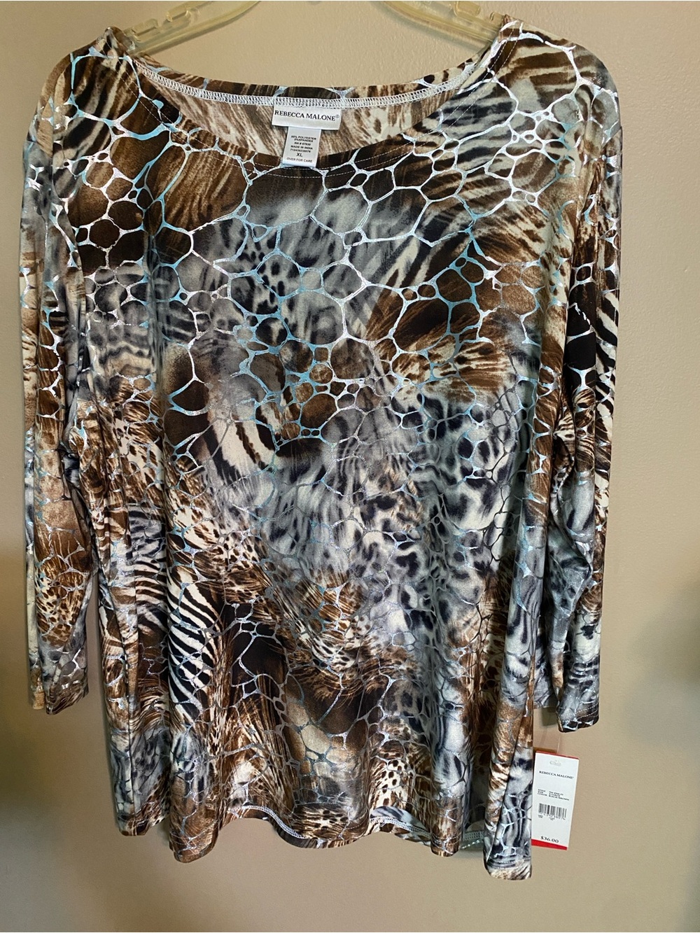 Rebecca Malone Brown and White Animal-Print Long-Sleeve Tee